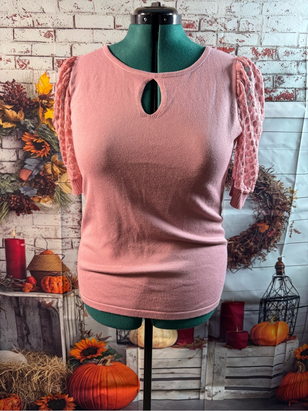 172-Women’s Pink Keyhole Knit Top with Lace Puff Sleeves